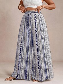 Freevana Women's Plus Size Wide Leg Long Pants Striped Pattern Print Blue And White Elegant Vacation Spring Summer Early Fall Women's Clothing With Pockets - Blue and White - View 6
