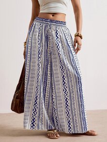 Freevana Women's Plus Size Wide Leg Long Pants Striped Pattern Print Blue And White Elegant Vacation Spring Summer Early Fall Women's Clothing With Pockets - Blue and White - View 11