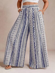 Freevana Women's Plus Size Wide Leg Long Pants Striped Pattern Print Blue And White Elegant Vacation Spring Summer Early Fall Women's Clothing With Pockets - Blue and White - View 1