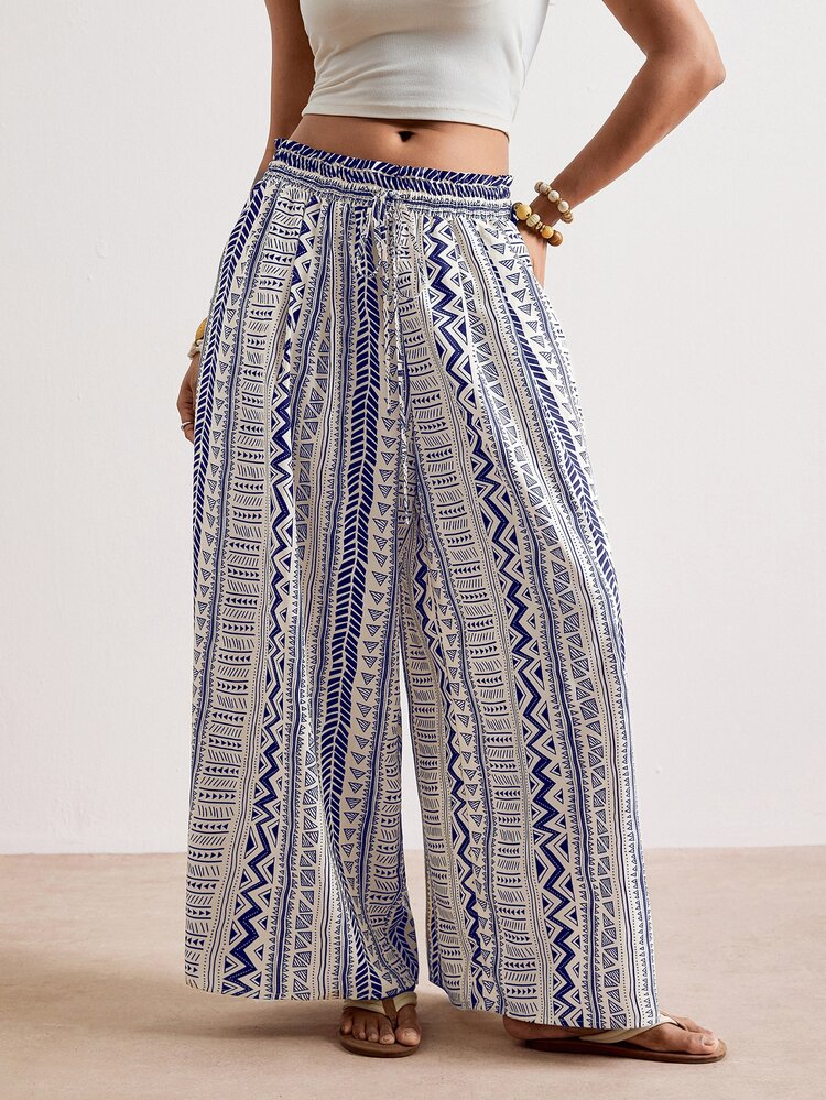 Freevana Women's Plus Size Wide Leg Long Pants Striped Pattern Print Blue And White Elegant Vacation Spring Summer Early Fall Women's Clothing With Pockets - Blue and White - View 7