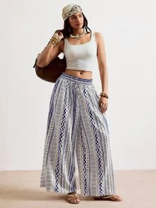 Freevana Women's Plus Size Wide Leg Long Pants Striped Pattern Print Blue And White Elegant Vacation Spring Summer Early Fall Women's Clothing With Pockets - Blue and White - View 10