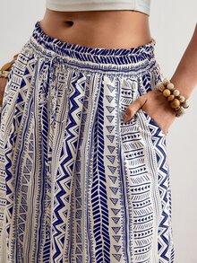 Freevana Women's Plus Size Wide Leg Long Pants Striped Pattern Print Blue And White Elegant Vacation Spring Summer Early Fall Women's Clothing With Pockets - Blue and White - View 9