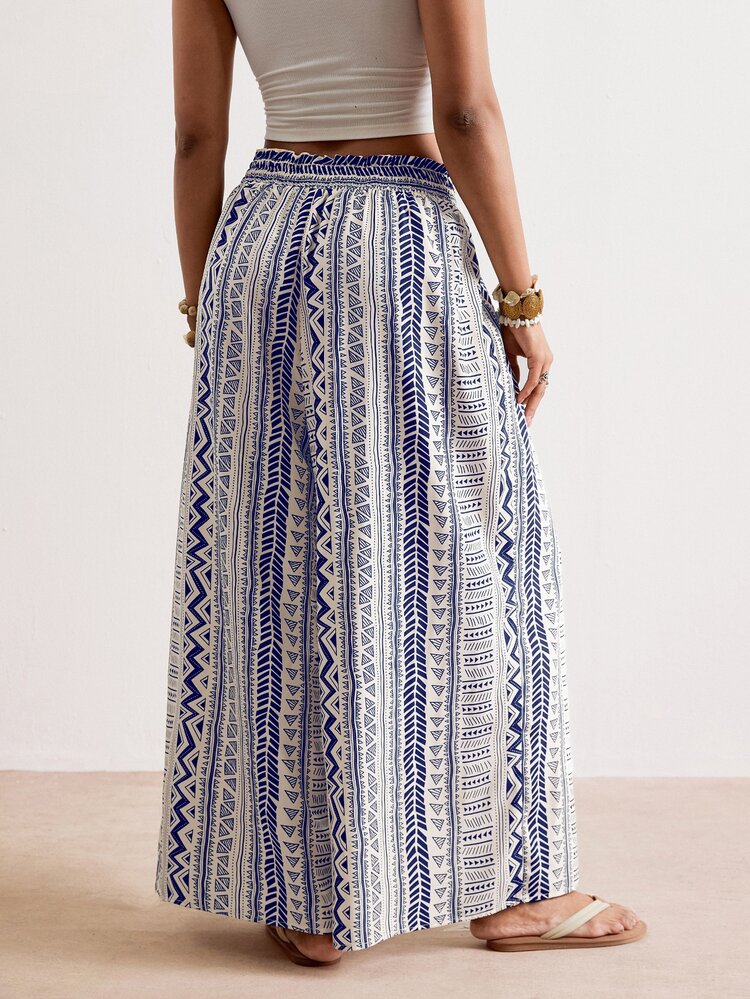 Freevana Women's Plus Size Wide Leg Long Pants Striped Pattern Print Blue And White Elegant Vacation Spring Summer Early Fall Women's Clothing With Pockets - Blue and White - View 8