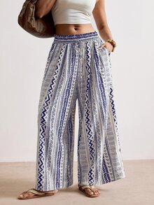 Freevana Women's Plus Size Wide Leg Long Pants Striped Pattern Print Blue And White Elegant Vacation Spring Summer Early Fall Women's Clothing With Pockets - Blue and White - View 13