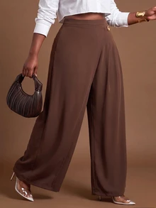 Slaydiva Plus Size Fashion Commuter Solid Color Wrap Pants - Brown - View 8