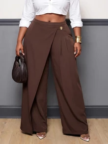 Slaydiva Plus Size Fashion Commuter Solid Color Wrap Pants - Brown - View 1