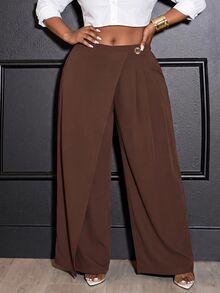 Slaydiva Plus Size Fashion Commuter Solid Color Wrap Pants - Brown - View 5