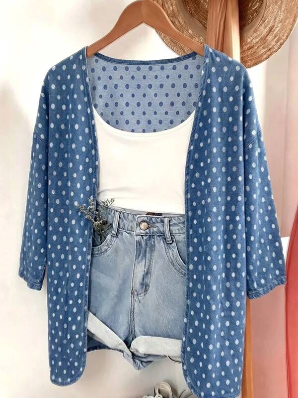 GlowEve Atasan Denim Wanita Motif Polkadot dengan Bagian Depan Terbuka, Kasual, Serbaguna untuk Pemakaian Sehari-hari