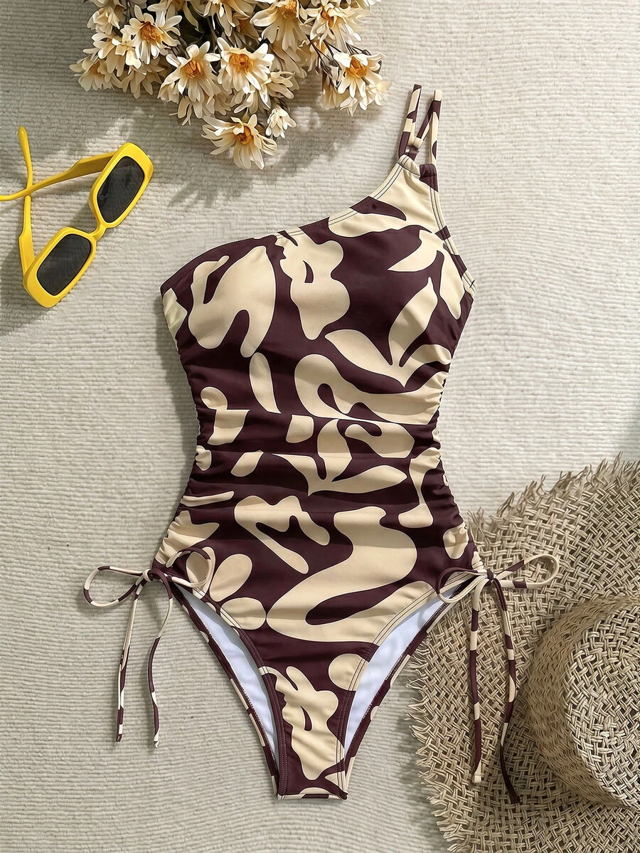 Vivid Eden Women's Allover Print Ruched One-Piece Swimsuit, Suitable For Beach Vacation, Pool Party, Beach Party - Brown - View 1
