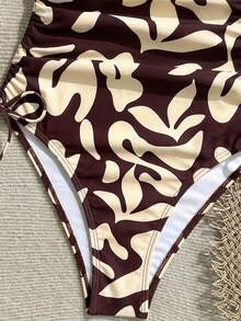 Vivid Eden Women's Allover Print Ruched One-Piece Swimsuit, Suitable For Beach Vacation, Pool Party, Beach Party - Brown - View 5