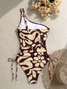 Vivid Eden Women's Allover Print Ruched One-Piece Swimsuit, Suitable For Beach Vacation, Pool Party, Beach Party - Brown - View 2