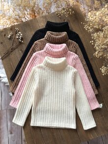 SHEIN 女童小女孩秋冬休閒百搭素色高領T恤 - 彩色 - 查看 9