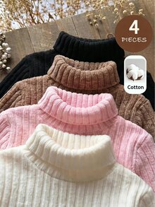 SHEIN 女童小女孩秋冬休閒百搭素色高領T恤 - 彩色 - 查看 1