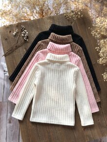 SHEIN 女童小女孩秋冬休閒百搭素色高領T恤 - 彩色 - 查看 2