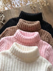 SHEIN 女童小女孩秋冬休閒百搭素色高領T恤 - 彩色 - 查看 3
