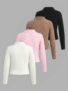 SHEIN 女童小女孩秋冬休閒百搭素色高領T恤 - 彩色 - 查看 5