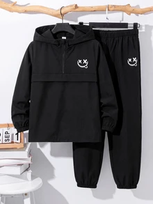 Kids Tween Boy Half-Zip Hooded Jacket And Jogger Pants 2 Pieces Set, Casual Athletic Sports Style For Autumn/Winter Back-To-School Black And White - Multicolor - View 5