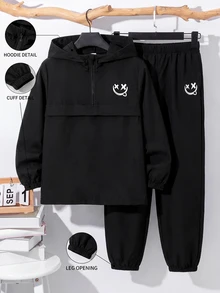 Kids Tween Boy Half-Zip Hooded Jacket And Jogger Pants 2 Pieces Set, Casual Athletic Sports Style For Autumn/Winter Back-To-School Black And White - Multicolor - View 6