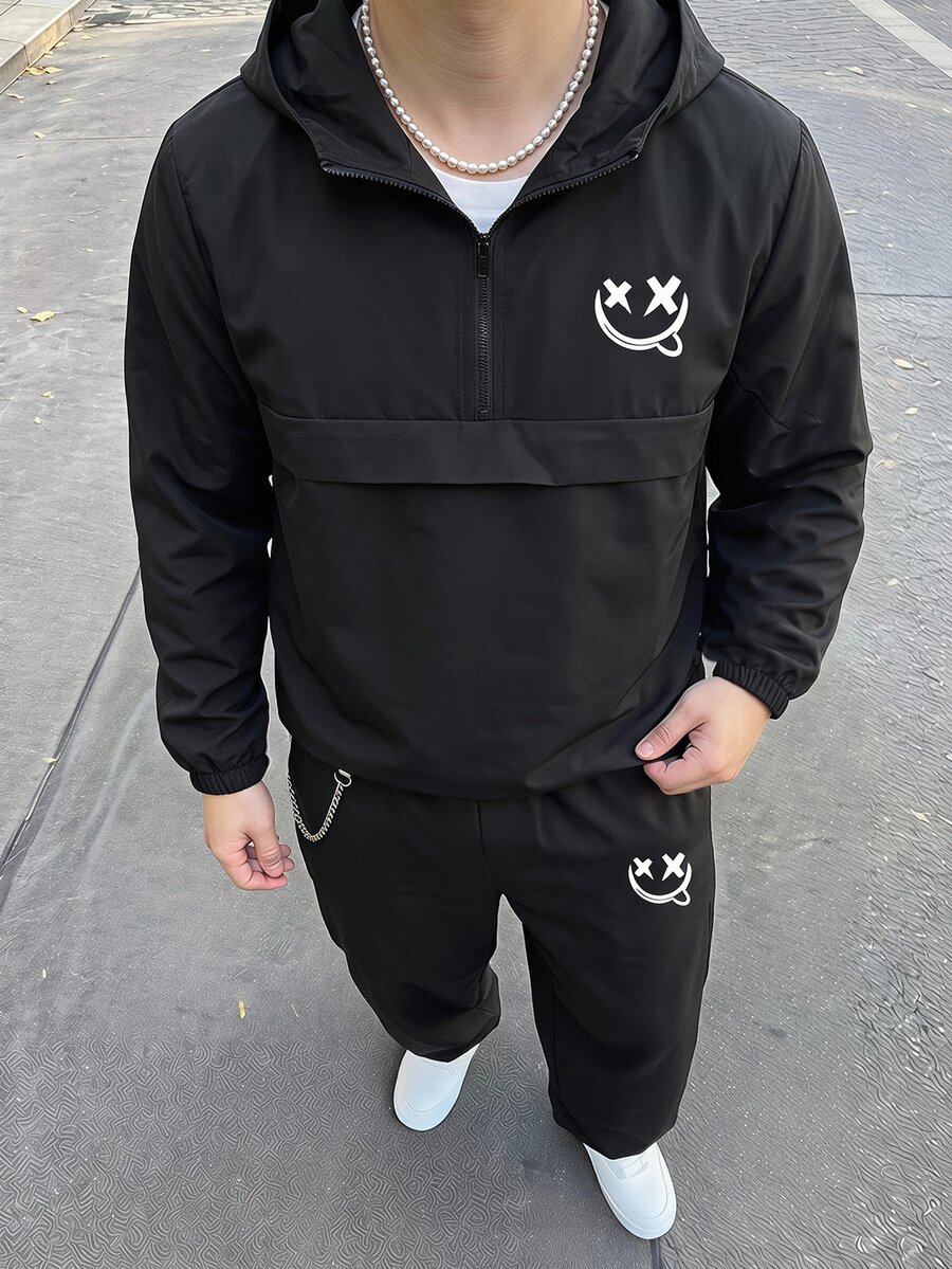 Kids Tween Boy Half-Zip Hooded Jacket And Jogger Pants 2 Pieces Set, Casual Athletic Sports Style For Autumn/Winter Back-To-School Black And White