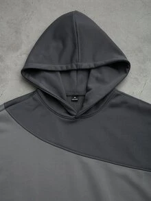 SUMWON Color Block Oversized Hoodie With Deconstructed Raw Edge Hem Layered Sleeve Detail And Centre Pocket Fall Winter Essential - Dark Grey - View 3