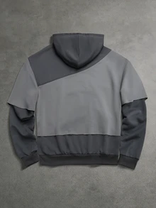 SUMWON Color Block Oversized Hoodie With Deconstructed Raw Edge Hem Layered Sleeve Detail And Centre Pocket Fall Winter Essential - Dark Grey - View 2