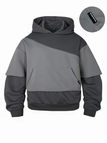 SUMWON Color Block Oversized Hoodie With Deconstructed Raw Edge Hem Layered Sleeve Detail And Centre Pocket Fall Winter Essential - Dark Grey - View 1