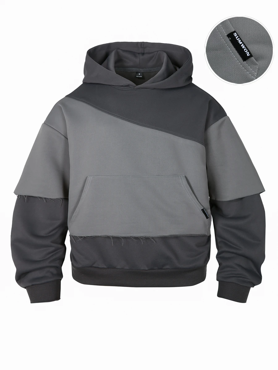 SUMWON Color Block Oversized Hoodie With Deconstructed Raw Edge Hem Layered Sleeve Detail And Centre Pocket Fall Winter Essential - Dark Grey - View 1