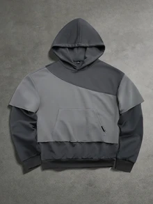 SUMWON Color Block Oversized Hoodie With Deconstructed Raw Edge Hem Layered Sleeve Detail And Centre Pocket Fall Winter Essential - Dark Grey - View 6
