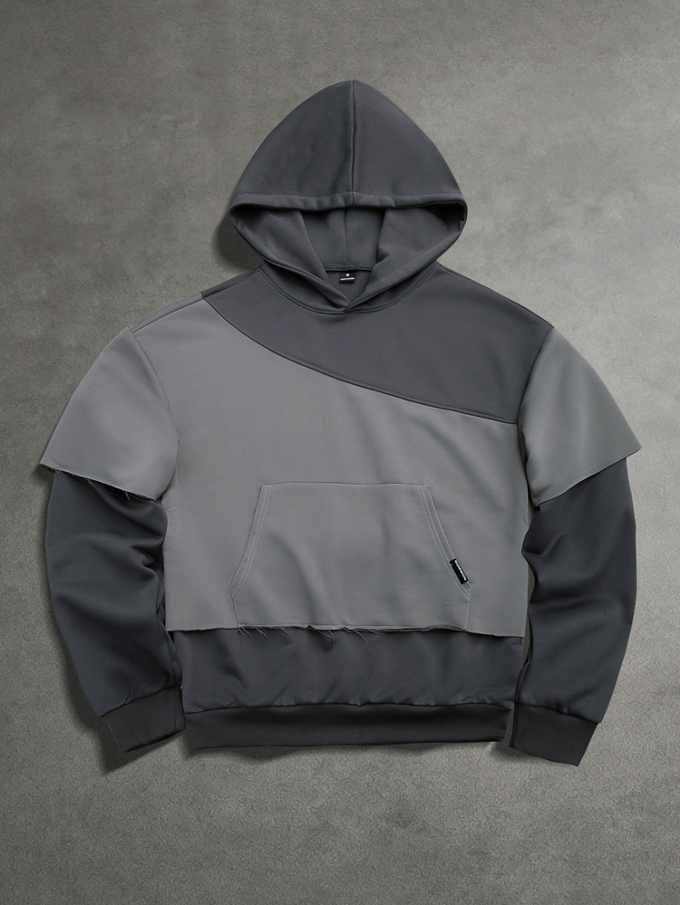 SUMWON Color Block Oversized Hoodie With Deconstructed Raw Edge Hem Layered Sleeve Detail And Centre Pocket Fall Winter Essential - Dark Grey - View 6