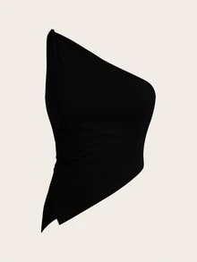 Siren Gaze 情人节勃艮第红色扭纹单肩上衣优雅修身女士上衣 - 黑色 - 查看 7