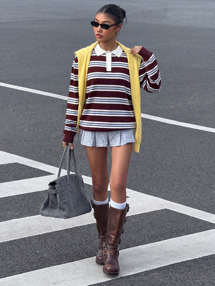 Muchica Women Vintage Striped Polo Knit Top, Casual Contrast Collar Long Sleeve Oversized Knit Pullover For Fall Going‑Out Daily Outfits - Burgundy - View 4