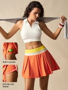 VARSIVA Women's Casual Contrast Color Waistband Tennis Sports Skirt Shorts - Multicolor - View 3