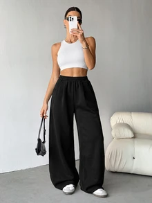 SHEIN Tall 女款秋季街頭風休閒復古燈芯絨紋理長版寬鬆長褲 - 黑色 - 查看 6