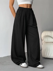 SHEIN Tall 女款秋季街頭風休閒復古燈芯絨紋理長版寬鬆長褲 - 黑色 - 查看 7