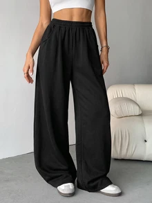 SHEIN Tall 女款秋季街頭風休閒復古燈芯絨紋理長版寬鬆長褲 - 黑色 - 查看 5