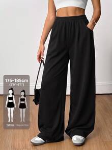 SHEIN Tall 女款秋季街頭風休閒復古燈芯絨紋理長版寬鬆長褲 - 黑色 - 查看 9