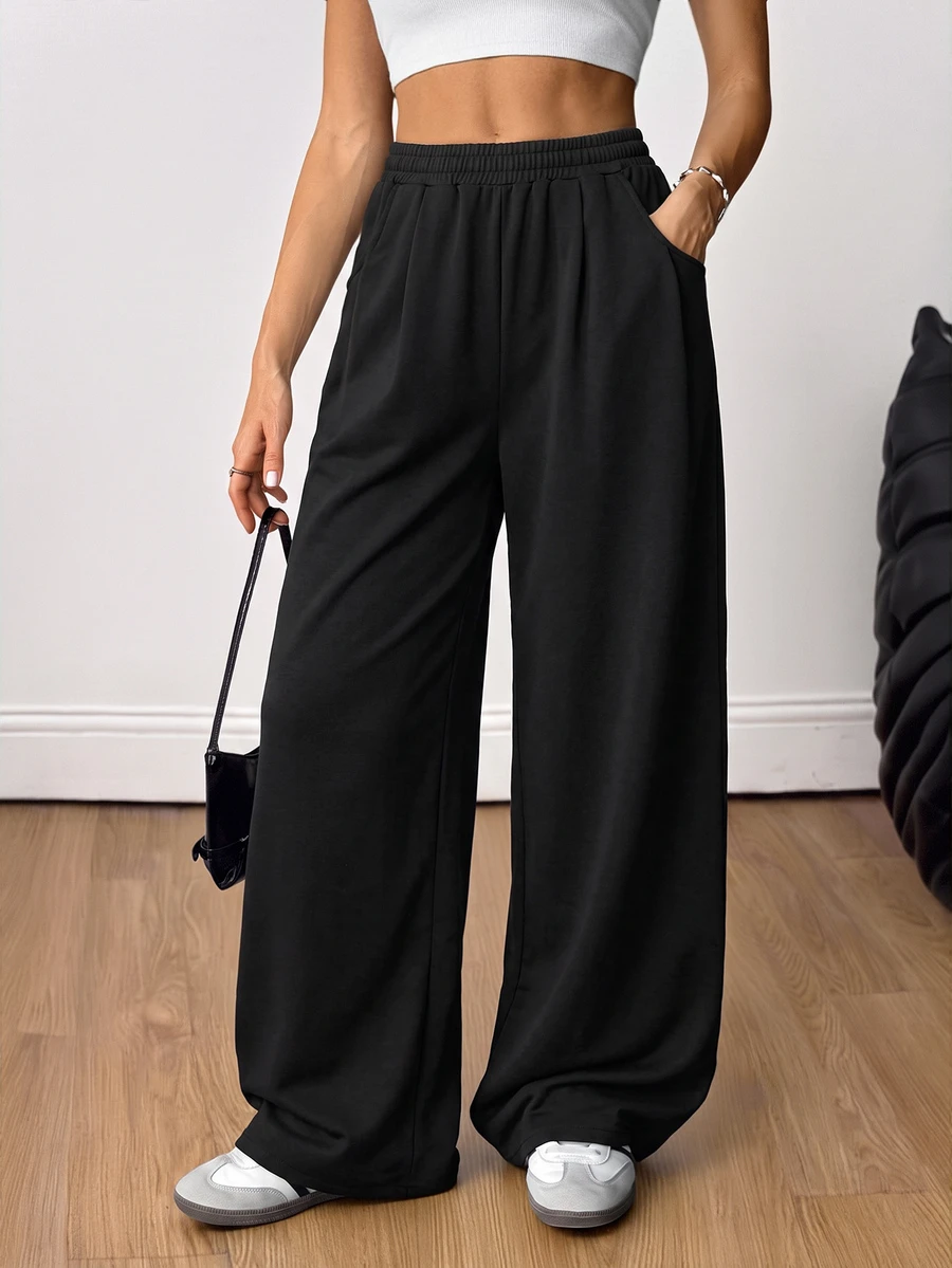 SHEIN Tall 女款秋季街頭風休閒復古燈芯絨紋理長版寬鬆長褲 - 黑色 - 查看 1
