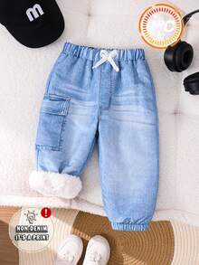 SHEIN Playful Pals 1件男嬰可愛學院風藍色丹寧印花毛絨內裡蝴蝶結工裝褲，工裝口袋、羅紋褲腳、鬆緊腰頭，加厚冬季秋冬聖誕上學褲 - 藍色 - 查看 8