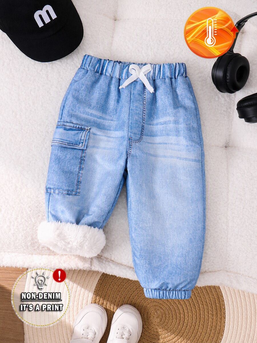 SHEIN Playful Pals 1件男嬰可愛學院風藍色丹寧印花毛絨內裡蝴蝶結工裝褲，工裝口袋、羅紋褲腳、鬆緊腰頭，加厚冬季秋冬聖誕上學褲