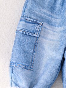 SHEIN Playful Pals 1件男嬰可愛學院風藍色丹寧印花毛絨內裡蝴蝶結工裝褲，工裝口袋、羅紋褲腳、鬆緊腰頭，加厚冬季秋冬聖誕上學褲 - 藍色 - 查看 7