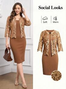 Ellevyn Women's Jacquard 3/4 Sleeve Open Front Jacket And Sleeveless Dress Elegant 2 Pieces Set - Brown - View 2