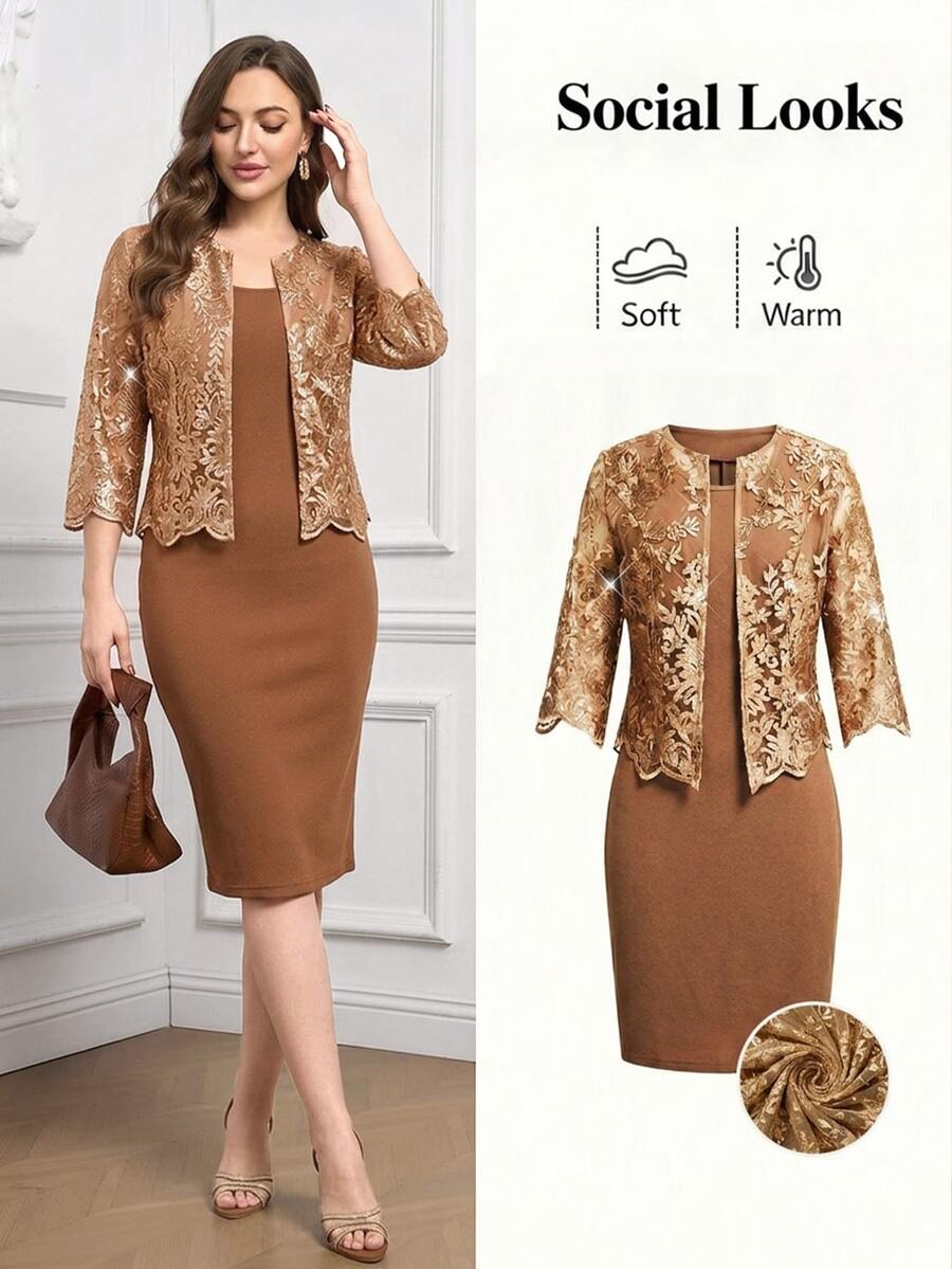 Ellevyn Women's Jacquard 3/4 Sleeve Open Front Jacket And Sleeveless Dress Elegant 2 Pieces Set