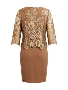 Ellevyn Women's Jacquard 3/4 Sleeve Open Front Jacket And Sleeveless Dress Elegant 2 Pieces Set - Brown - View 6