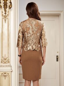 Ellevyn Women's Jacquard 3/4 Sleeve Open Front Jacket And Sleeveless Dress Elegant 2 Pieces Set - Brown - View 4