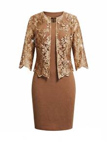 Ellevyn Women's Jacquard 3/4 Sleeve Open Front Jacket And Sleeveless Dress Elegant 2 Pieces Set - Brown - View 5