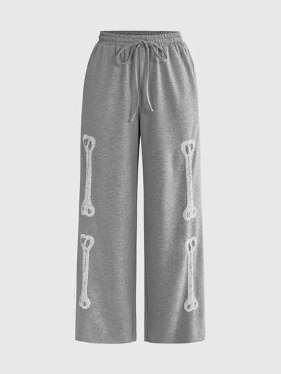Pantalon de survêtement gris Y2K décontracté et mignon avec broderie de sequins en forme d'os, taille basse, coupe ample et jambe droite