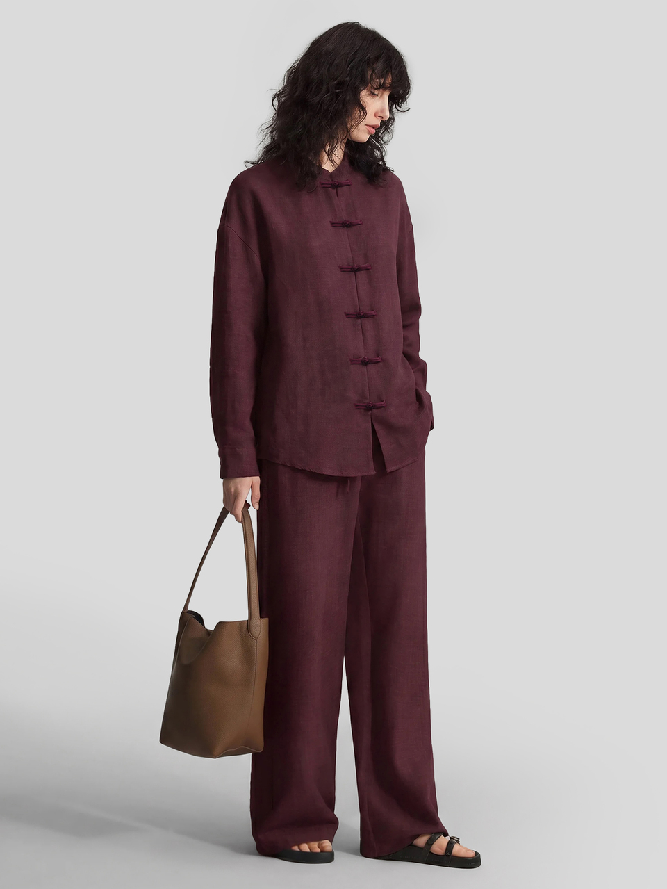 Women's Burgundy Comfortable Long Sleeve Shirt With Chinese Style Elements And Pants With Pockets 2-Piece Set Day Time Everyday Party Autumn Casual