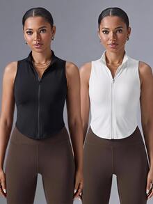 VARSIVA Solid Color Front Zip Slim Fit Sports Tank Top - Black and White - View 2