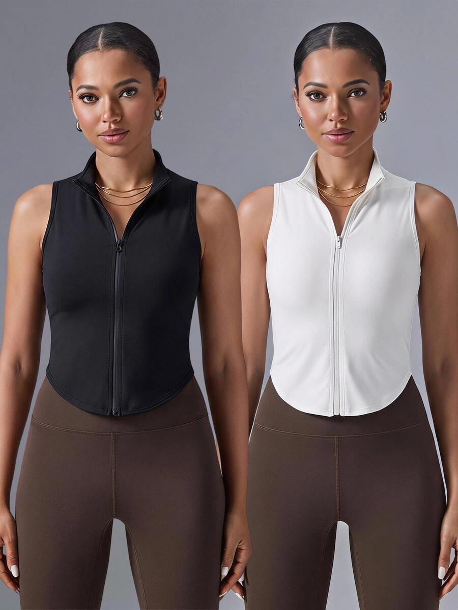 VARSIVA Solid Color Front Zip Slim Fit Sports Tank Top