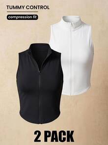 VARSIVA Solid Color Front Zip Slim Fit Sports Tank Top - Black and White - View 13